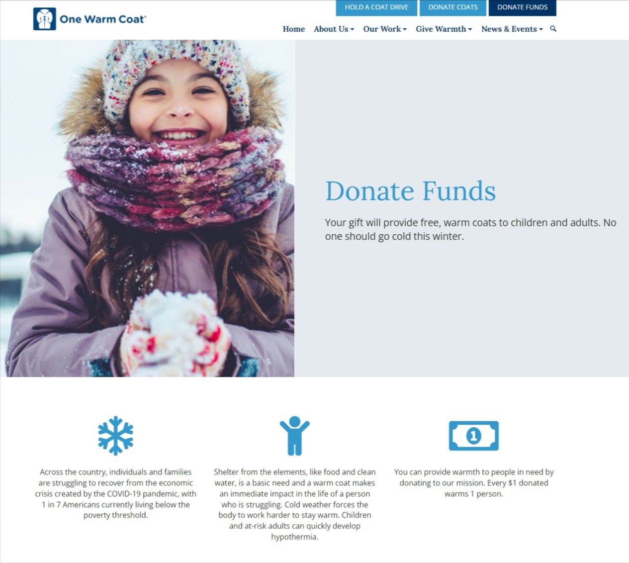 Screenshot of the One Warm Coat Donate page