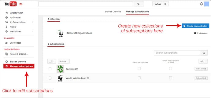 YouTube Manage Subscriptions