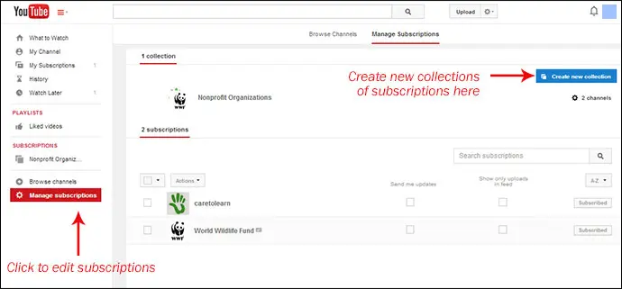 YouTube Manage Subscriptions