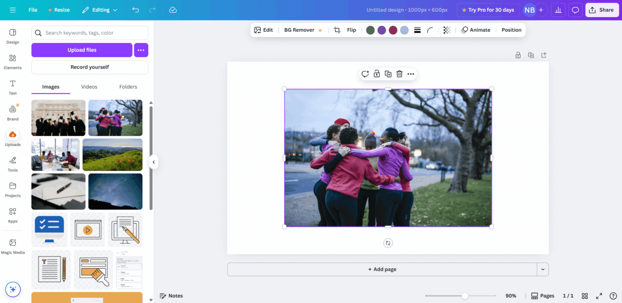 Screenshot from Canva illustrating a newly uploaded image placed on the artboard.