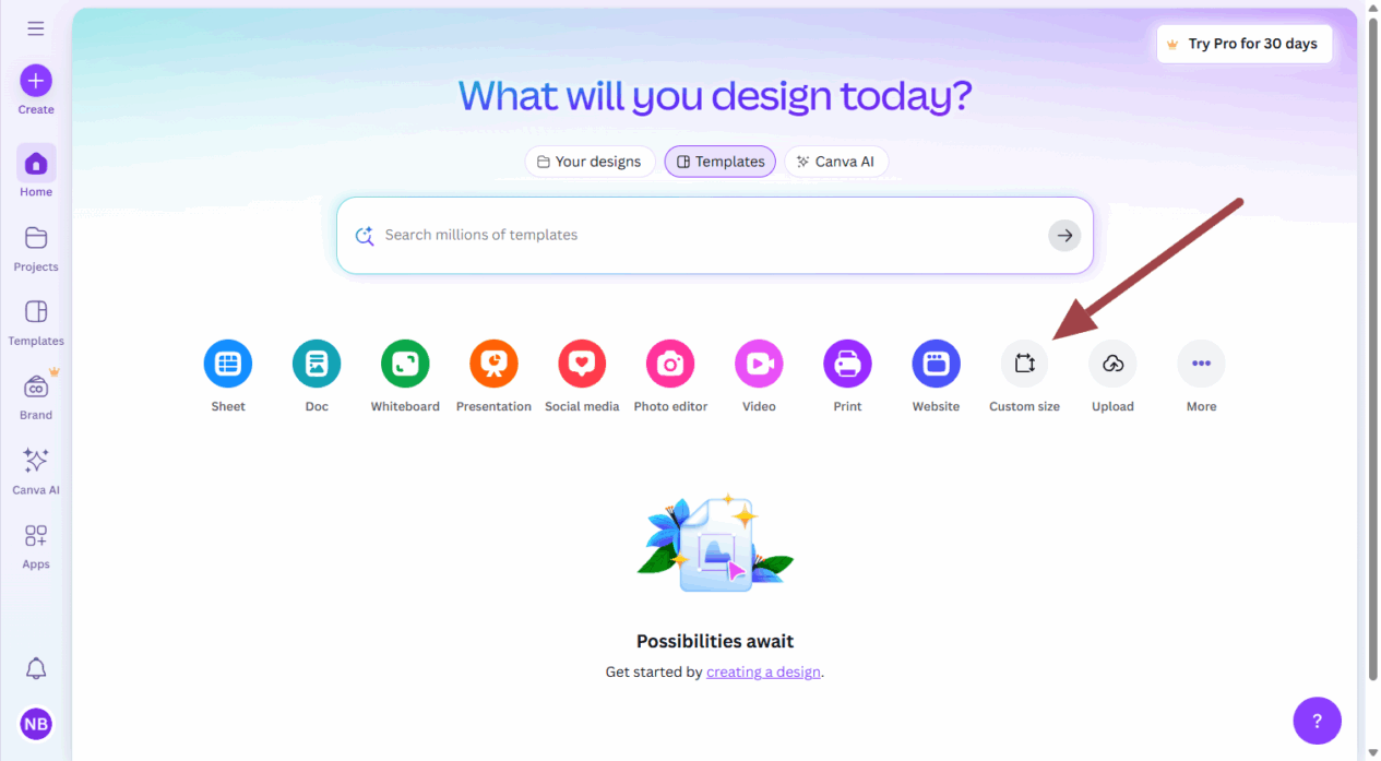 Screenshot from Canva illustrating options for getting started. The "Custom Size" option is highlighted