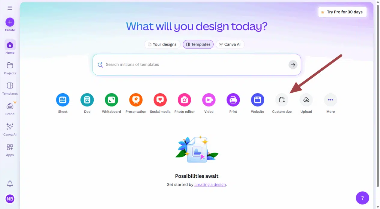 Screenshot from Canva illustrating options for getting started. The "Custom Size" option is highlighted