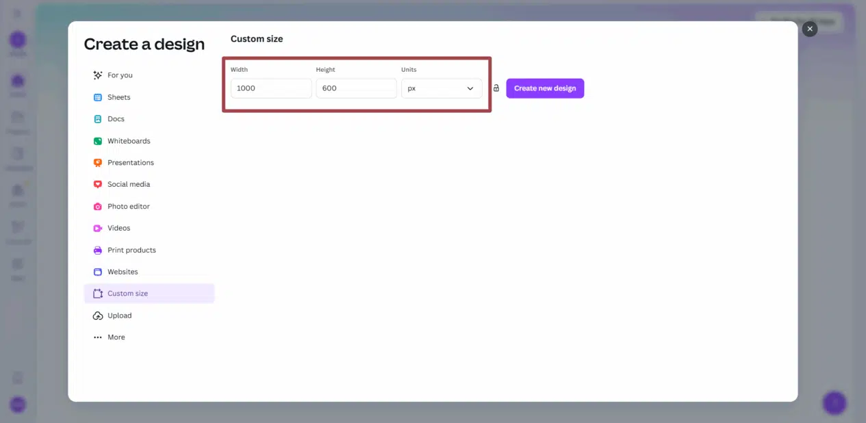 Screenshot from Canva illustrating the option to specify the exact dimensions for your custom design.