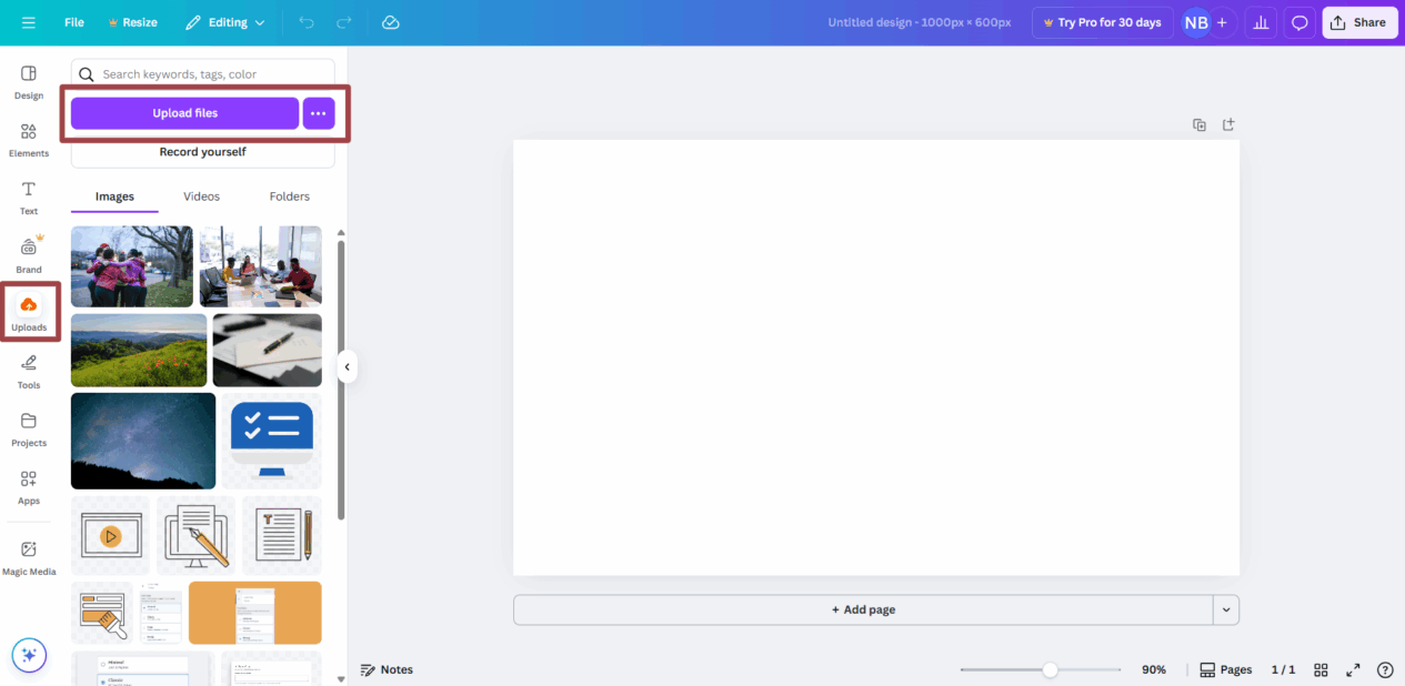 Screenshot from Canva illustrating a blank artboard and highlighting the "Upload" menu area, which shows a variety of images that have been uploaded to the library in Canva.