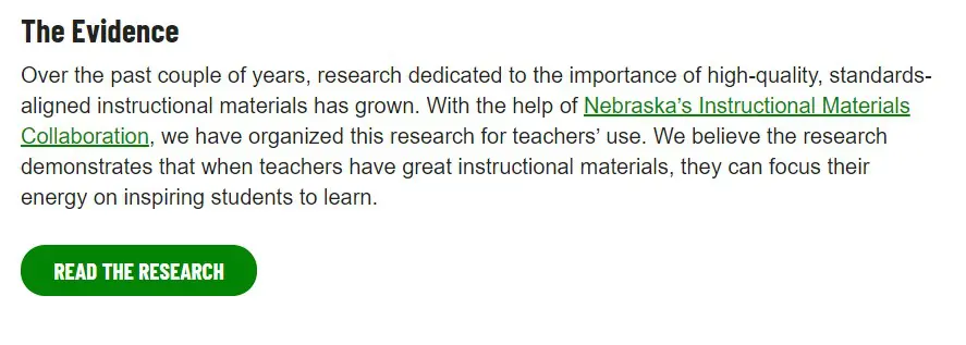 Screenshot of the Mississippi Instructional Materials Matter call to action for research evidence