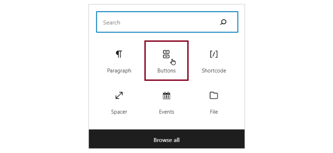 Screenshot showing how to find the buttons block using the search box