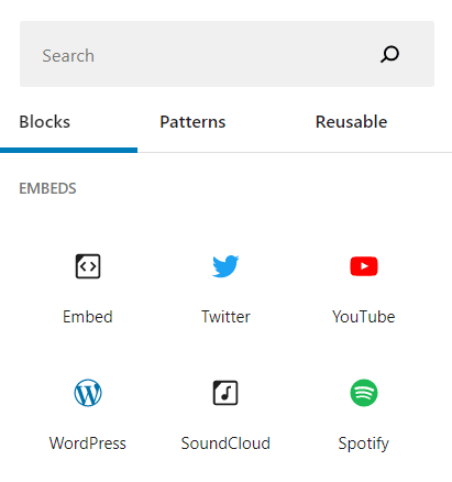 Screenshot of the available embed blocks