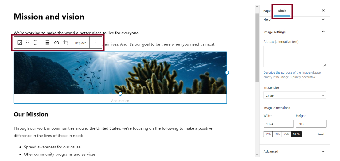 A screenshot of the WordPress admin, highlighting the image toolbar and the image settings panel