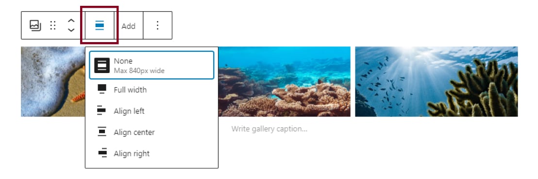 A screenshot of the different alignment options: none, full width, align left, align center, align right.