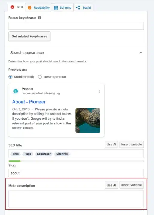 A screenshot of the Yoast SEO section on a page in the back end of a website, highlighting the Meta description form field