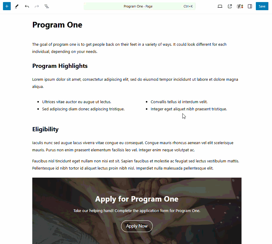 A GIF demonstrating how to add a video into the page content in the back end of a website