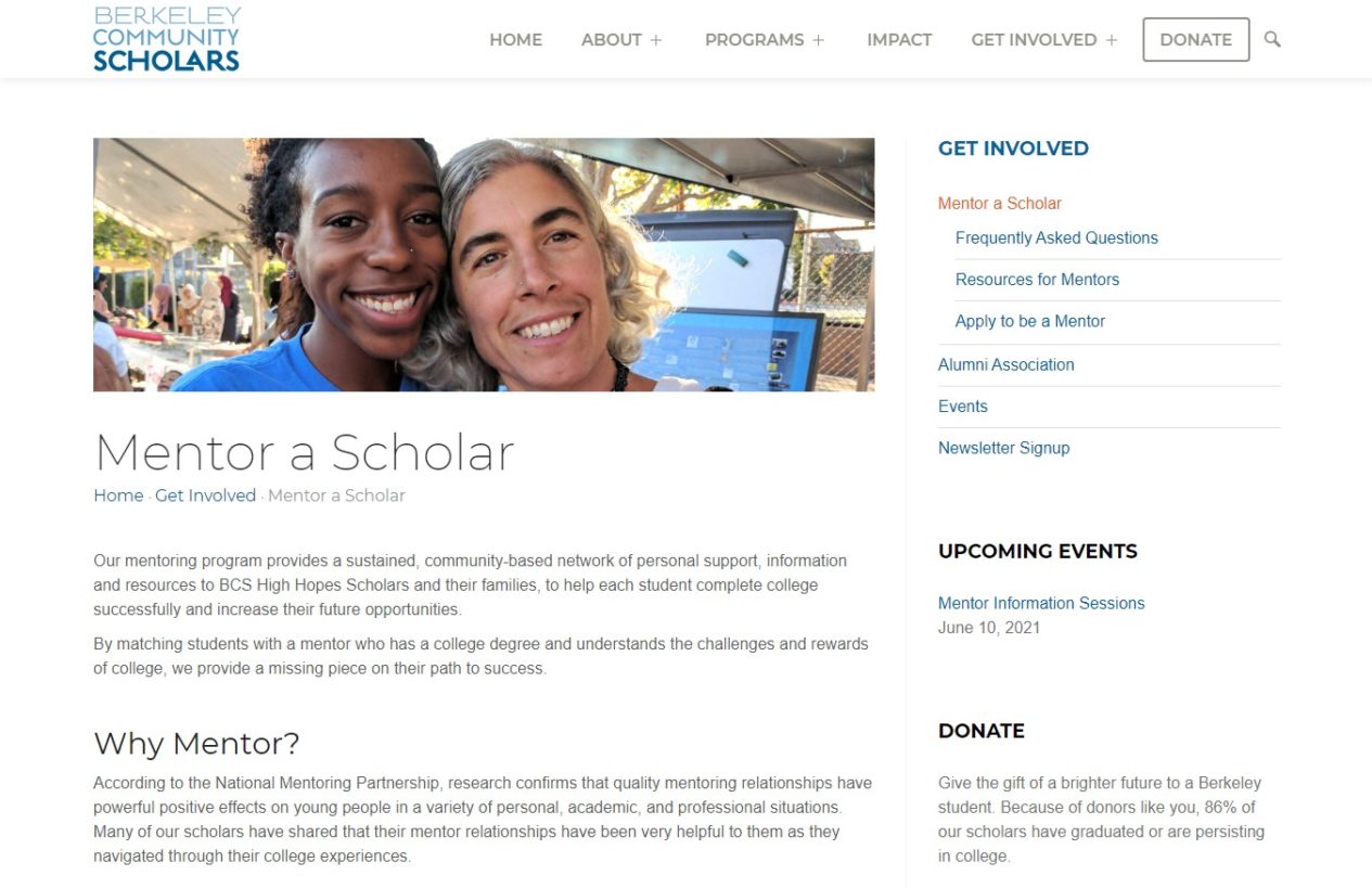 Screenshot of the Berkeley Community Scholars website program page