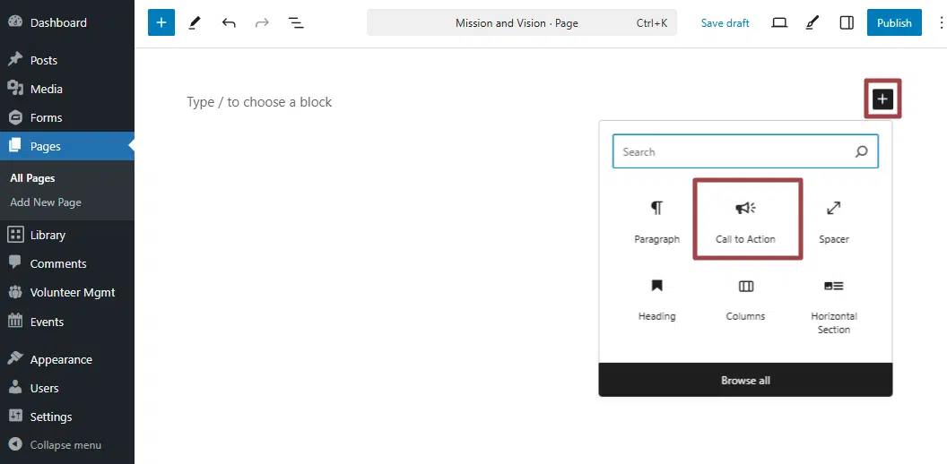 A screenshot of a page in the back end of a website highlighting the Call to Action block icon in the Layout Elements