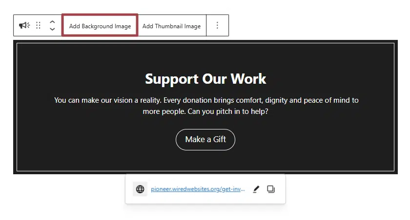 A screenshot of the Call to Action block highlighting the Add Background Image button in the  block toolbar.