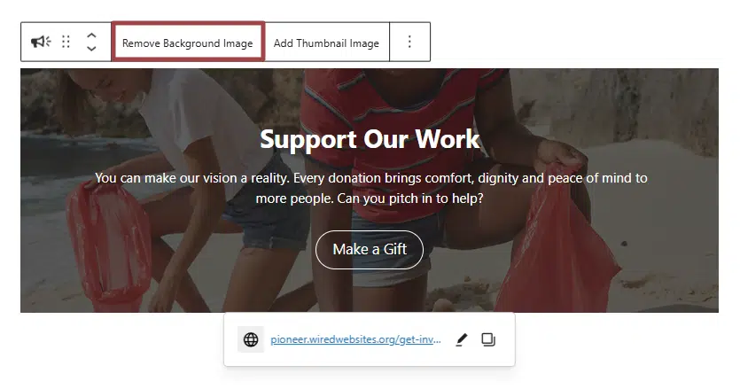 A screenshot of the Call to Action block showing the Remove Background Image button