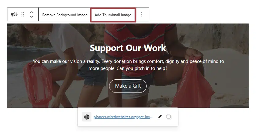 A screenshot of the Call to Action block highlighting the Add Thumbnail Image button