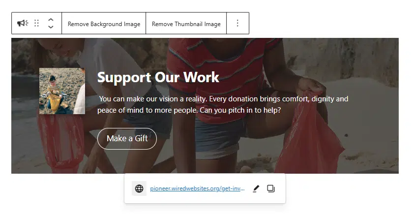 A screenshot of the Call to Action block with content, a background image and thumbnail image added