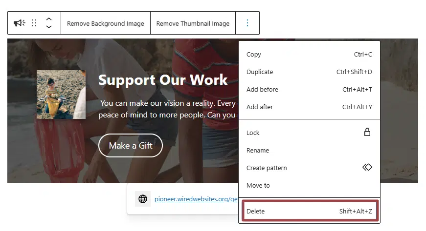 A screenshot of the Call to Action block highlighting the Delete option in the block settings on the toolbar above the block