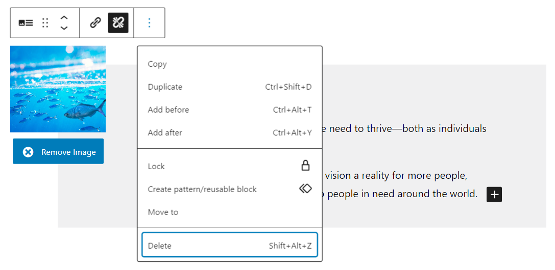 A screenshot of the block options, highlighting the "Delete" option