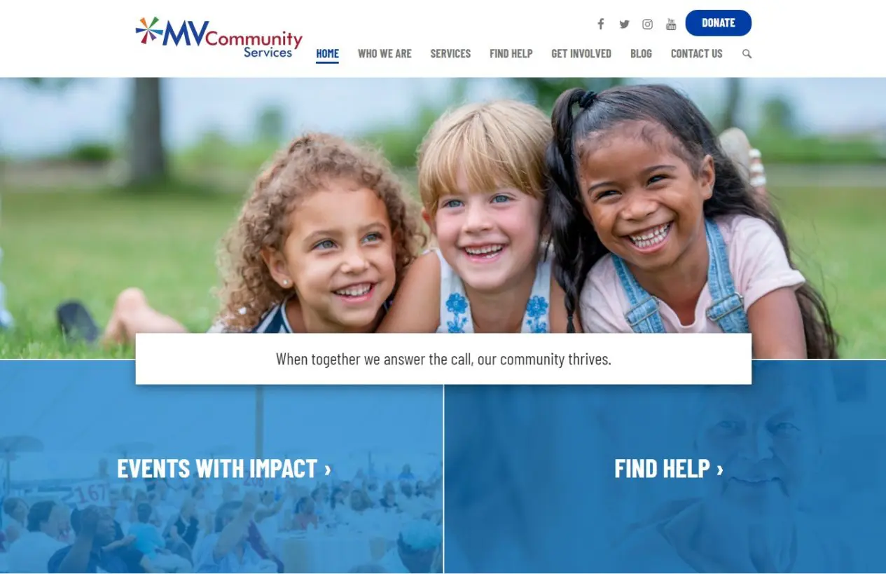 Screenshot of the Martha's Vineyard Community Services homepage with large header image