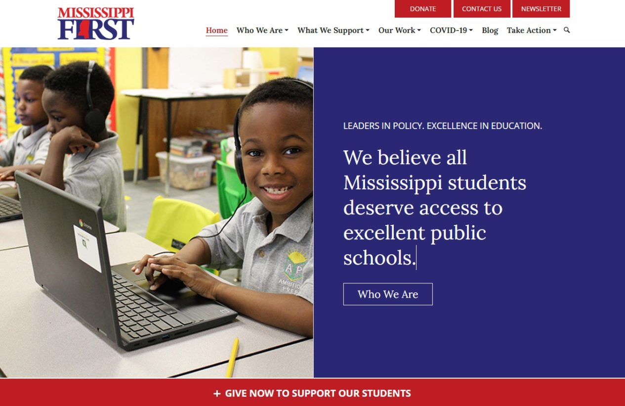 Screenshot of the Mississippi First homepage with a bold color scheme