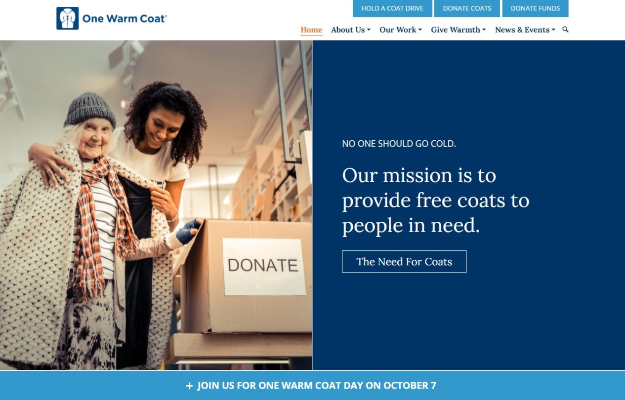 Screenshot of the One Warm Coat homepage with a large image and mission statement