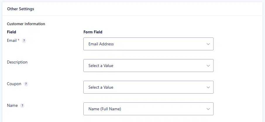 A screenshot of the fields under "Other Settings"