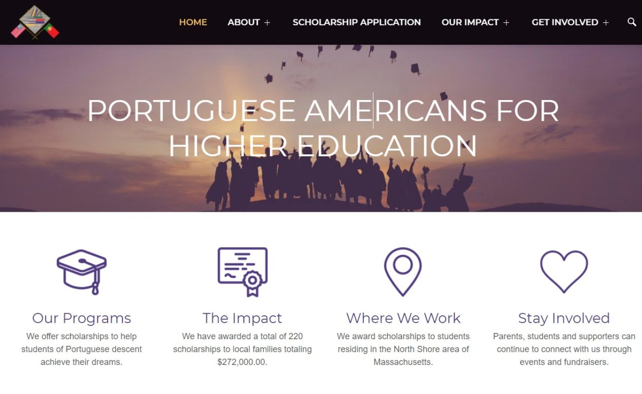 Screenshot of the Portuguese Americans for Higher Education homepage with icons