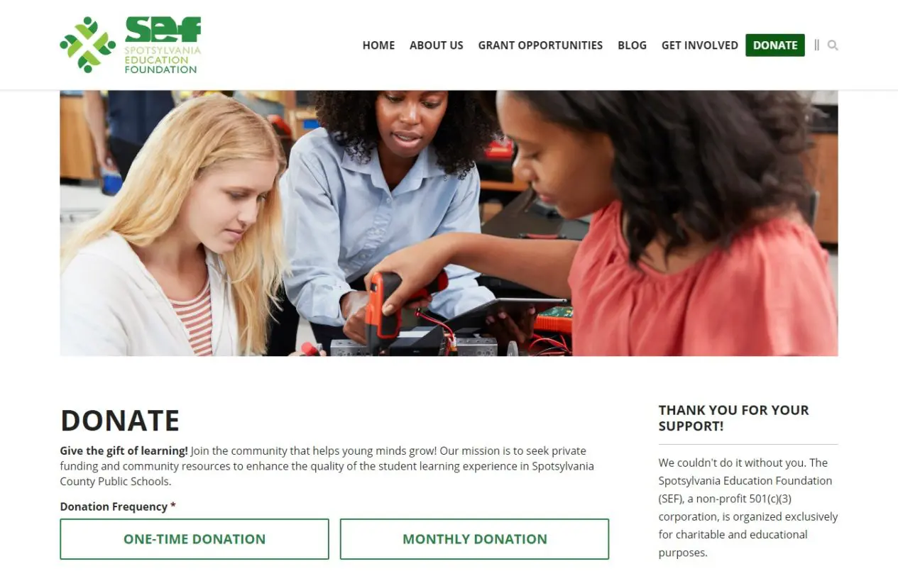Screenshot of an Education Foundation website donation page with a donate form