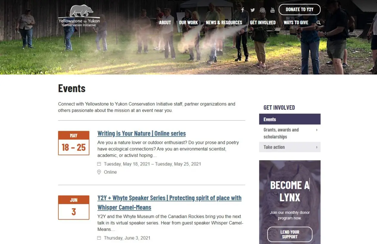 Screenshot of the Yellowstone to Yukon website showing the event system