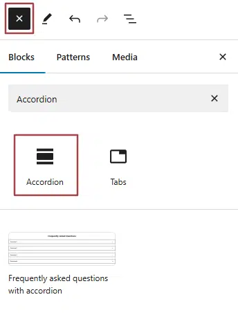 A screenshot of the Layout Elements highlighting the Accordion block  icon and the Add New Block icon