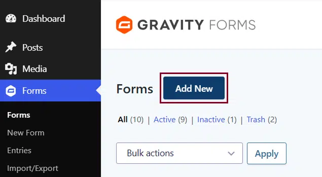 A screenshot of the Forms section in the admin menu highlighting the Add New button in the Forms page