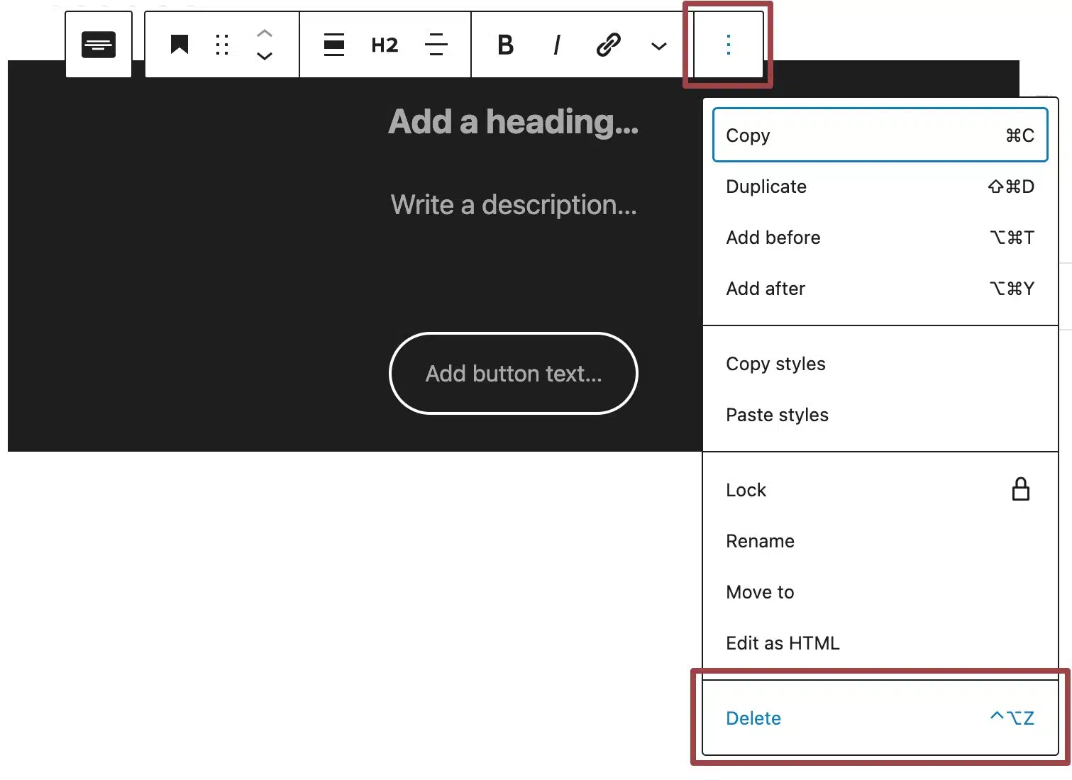 A screenshot demonstrating how to remove a block in the back end of a website