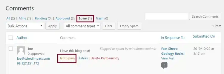 A screenshot of the Comments Page highlighting the Spam folder and Not Spam hyperlink below a comment