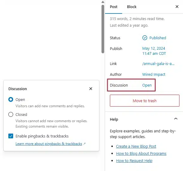 A screenshot of a blog post in the back end of a website highlighting the Allow Comments check box