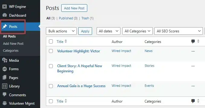 A screenshot of the Posts section in the backend of a website displaying a list of blog posts