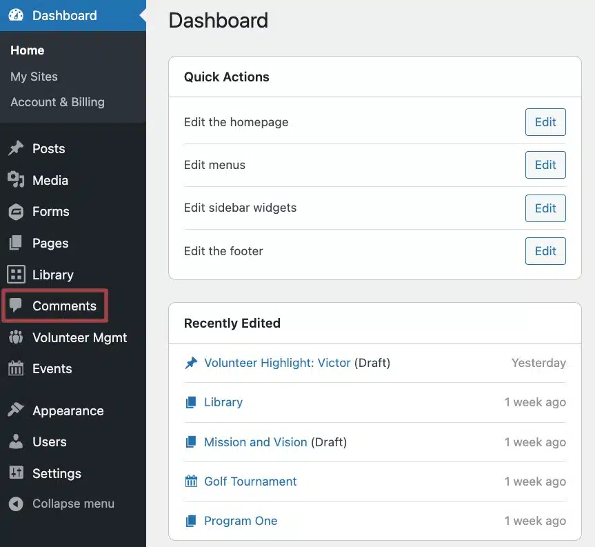 A screenshot of the Dashboard in the back end of a website highlighting the comments section in the left-hand admin menu