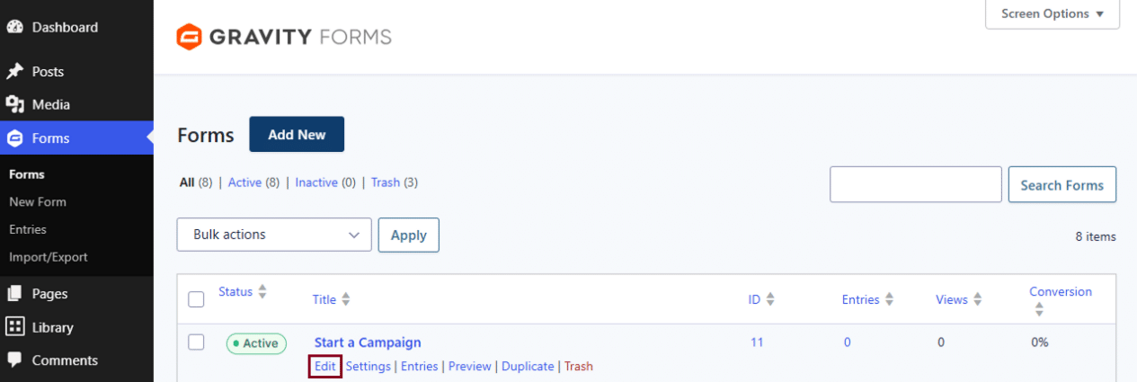 Edit link highlighted under the "Start a Campaign" form.