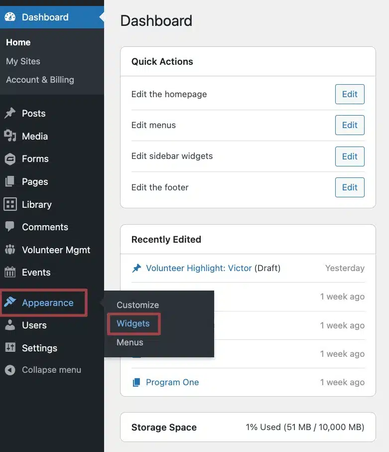 Screenshot showing the Widgets section of the Dashboard