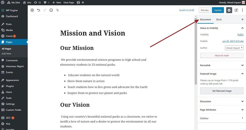 A screenshot of the Mission and Vision page in the back end of a website, highlighting the Document tab in the settings on the right-hand bar 