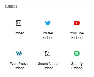 Screenshot of the available embed blocks