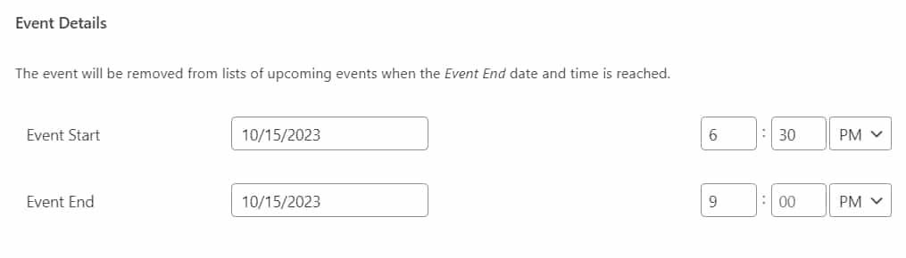 Screenshot of the event details, such as the event start and end dates and times
