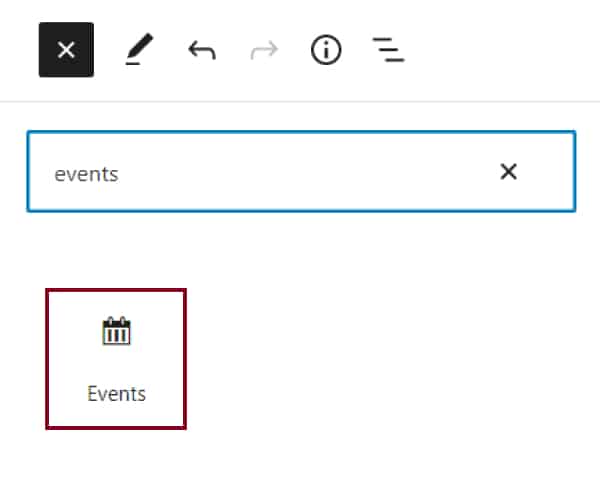 Screenshot showing how to find the Events block using the search feature