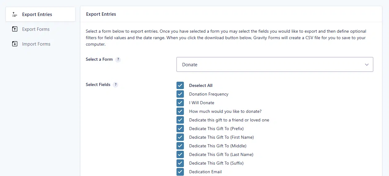 A screenshot of the Export Entries page with the Donate form selected and all of its fields checked for export.