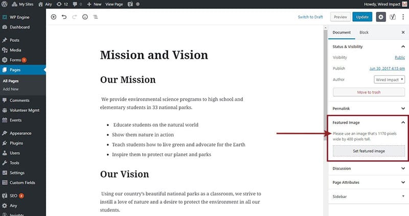 A screenshot of the Mission and Vision page highlighting the Featured Image option in the document settings in the right-hand side bar