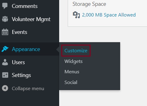 A screenshot of the Appearance Section in the admin menu, highlighting the Customize subsection in the back end of a website.