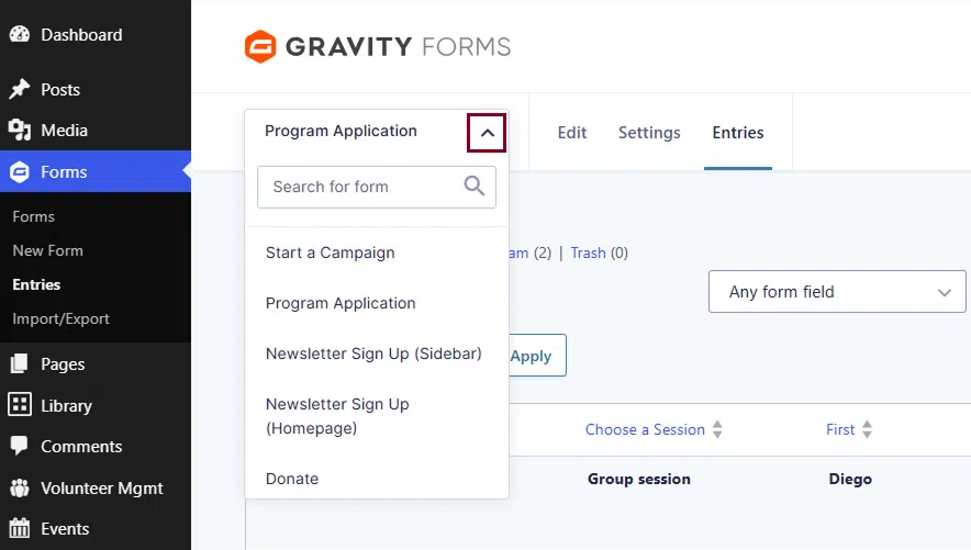 A screenshot of the forms page in the back end of a website highlighting the Donate drop down arrow with the list opened