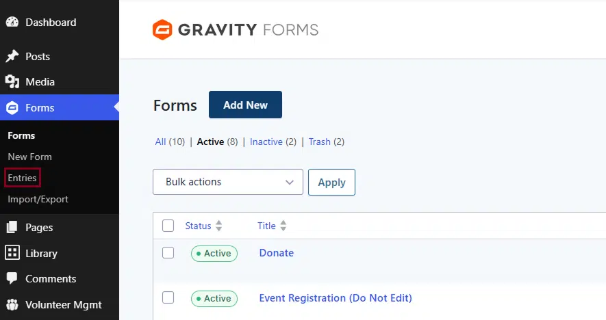 A screenshot of the forms page in the backend of a website highlighting the Entries option 