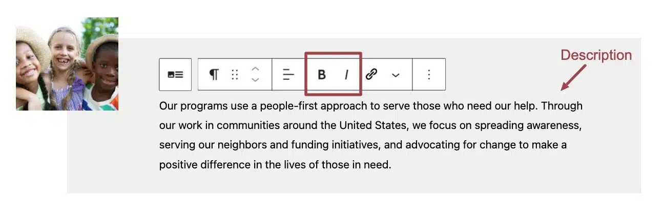 A screenshot of the horizontal section block highlighting the Section Content field and the Bold and Italics icons