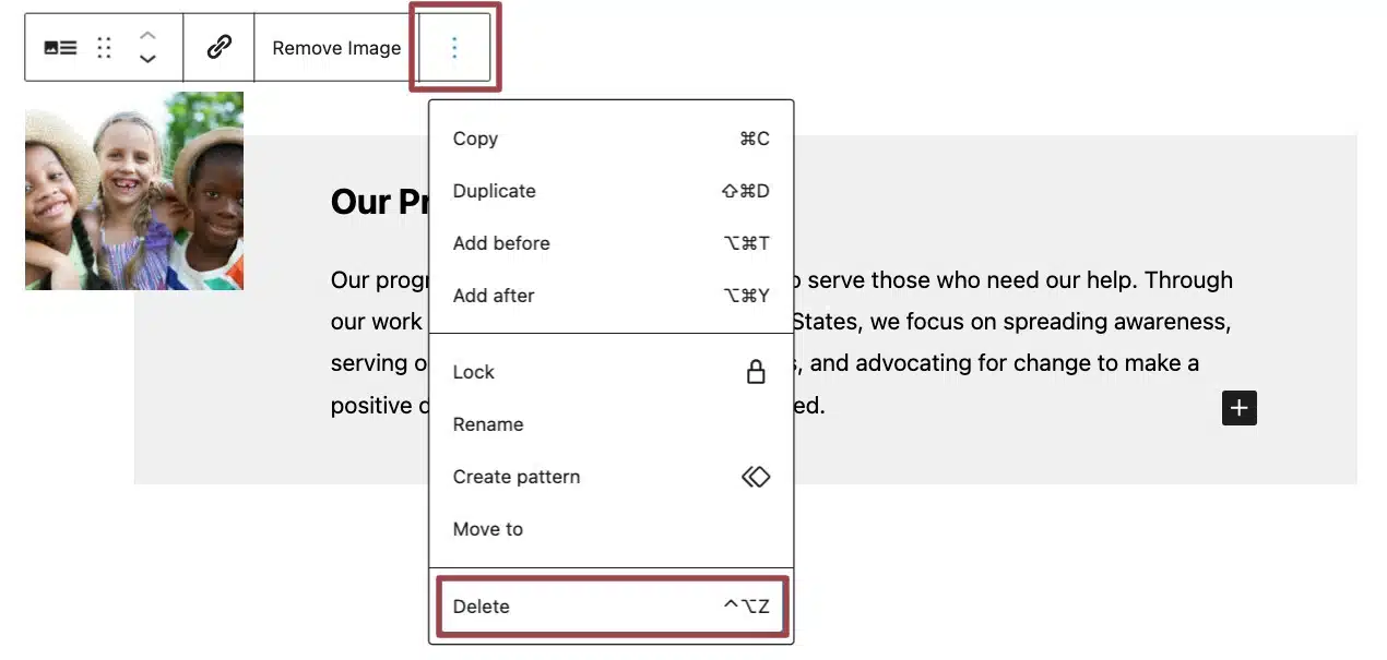 A screenshot of the horizontal section block highlighting the Delete icon in the block settings
